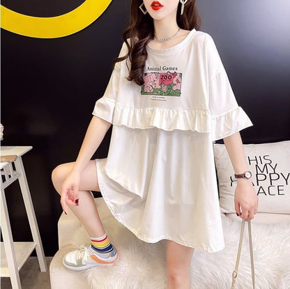 ミドル丈のイレギュラー半袖Tシャツワンピース<U-5007>