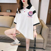 POLOネック 切り替え 熊柄 ロング プリント Tシャツ 二色 ゆったりワンピース ＜U-3020＞