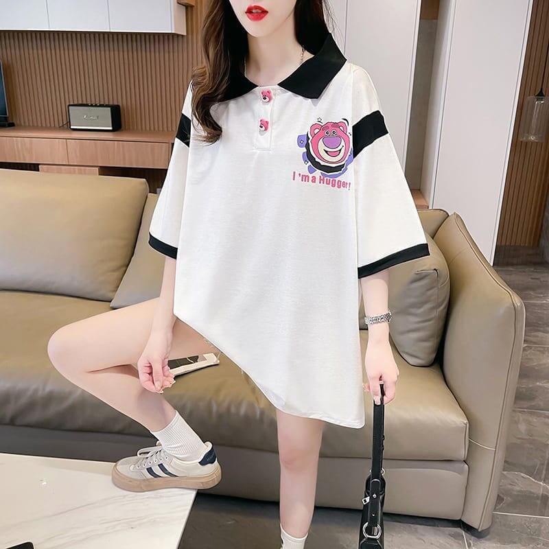 POLOネック 切り替え 熊柄 ロング プリント Tシャツ 二色 ゆったりワンピース ＜U-3020＞