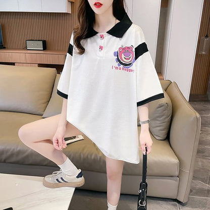 POLOネック 切り替え 熊柄 ロング プリント Tシャツ 二色 ゆったりワンピース ＜U-3020＞