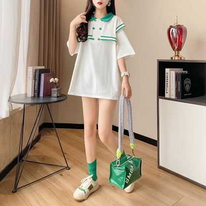 絶対欲しい ロング セーラーカラー Tシャツ 三色 ゆったりワンピース＜U-4028＞