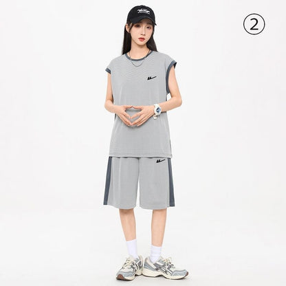売り切れ必至 ファッション 超人気 男女兼用 ノースリーブＴシャツⅹパンツセット全5色<U-8754>