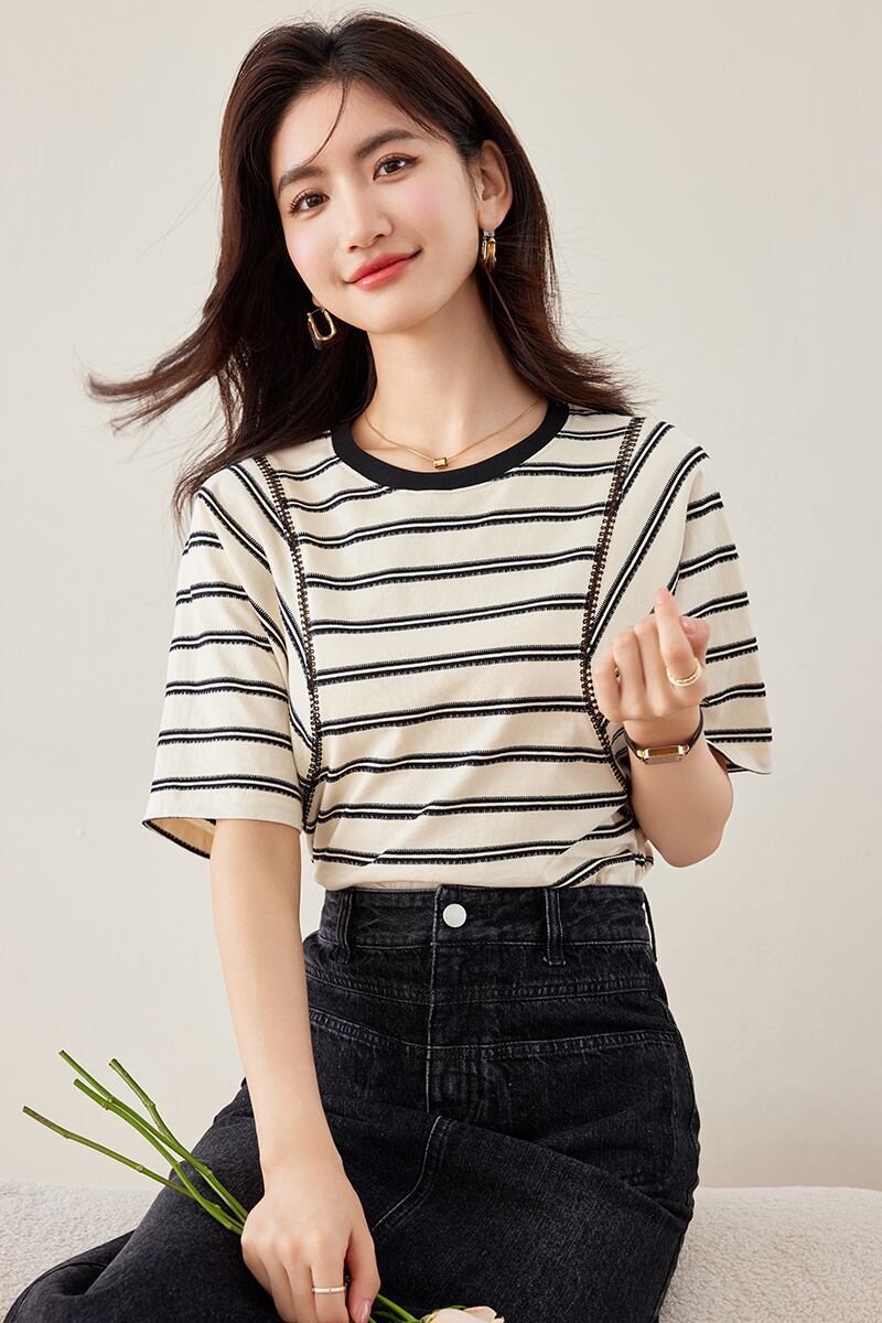 好感度UP ファッション カジュアル エレガント ストライプ柄 Tシャツ<U-8327>