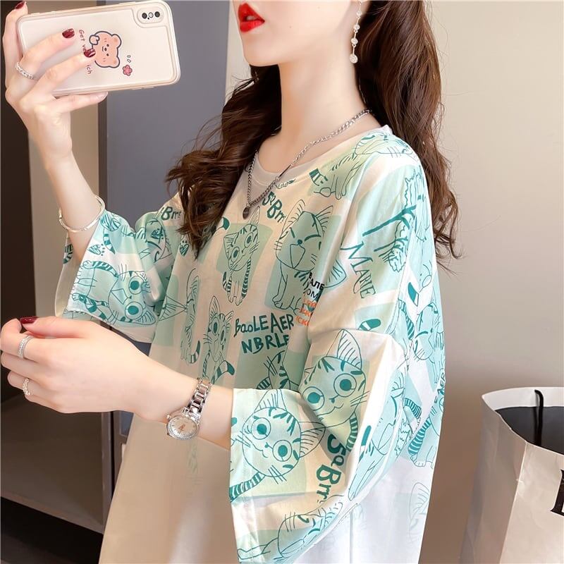 【半額！期間限定！！】大好評 プリント 猫柄 ロング Tシャツ 四色 ゆったりワンピース ＜U-4017＞