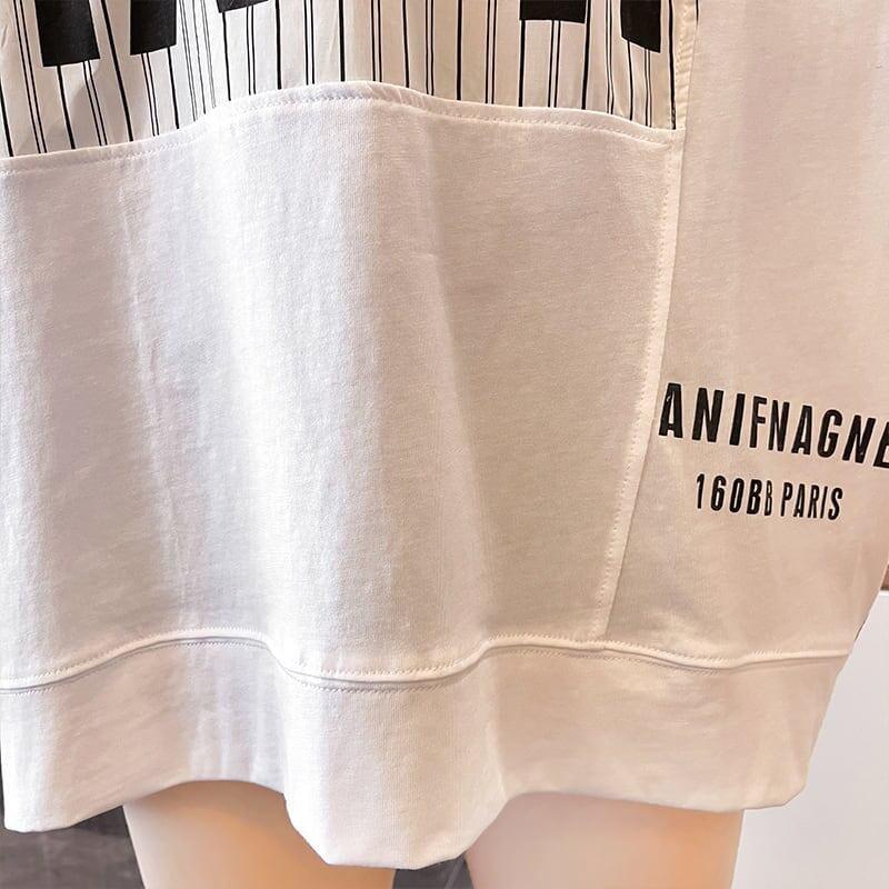 大好評 切り替え ストライプ柄 プリント ロング Tシャツ 三色 ゆったりワンピース ＜U-4012＞