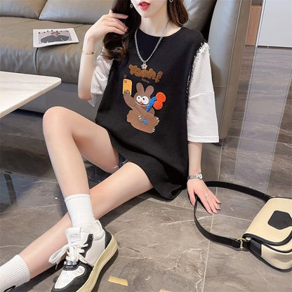 ワッフルフェイクツーピース漫画立体刺繍半袖Tシャツ<U-2871>