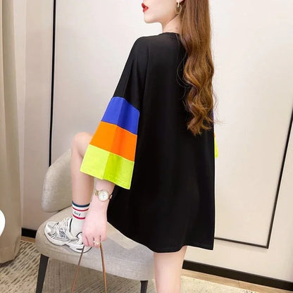 超人気商品 カラーマッチング ベアー柄 切り替え プリント ロング Tシャツ ゆったりワンピース ＜U-4024＞