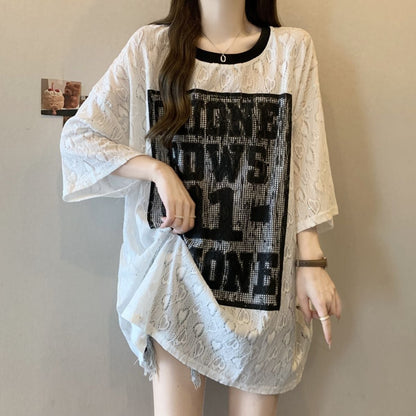 超人気 アバンギャルド 絶対流行 レース プリント全2色 半袖Tシャツ<U-8798>