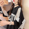 大好評 切り替え ストライプ柄 プリント ロング Tシャツ 三色 ゆったりワンピース ＜U-4012＞