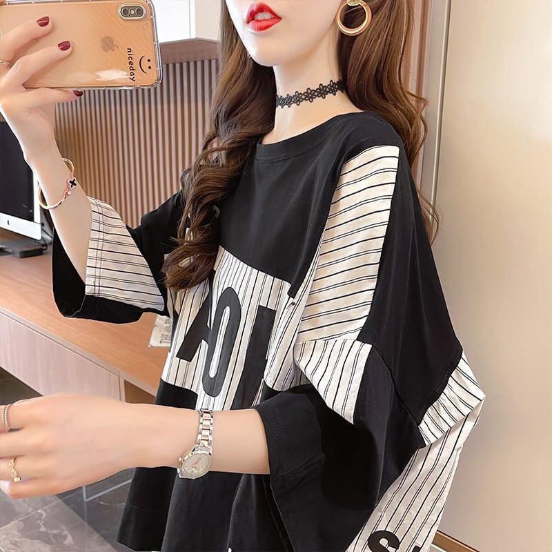 大好評 切り替え ストライプ柄 プリント ロング Tシャツ 三色 ゆったりワンピース ＜U-4012＞