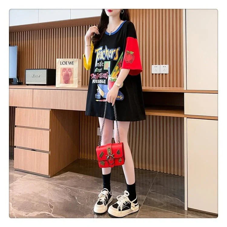 大注目 ドロップショルダー 落書き カラーマッチング プリントTシャツ ゆったり半袖 ＜U-3010＞