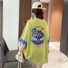 韓国系 ドロップショルダープリント ラウンドネック ロング Tシャツ 三色 ゆったり半袖＜U-3011＞