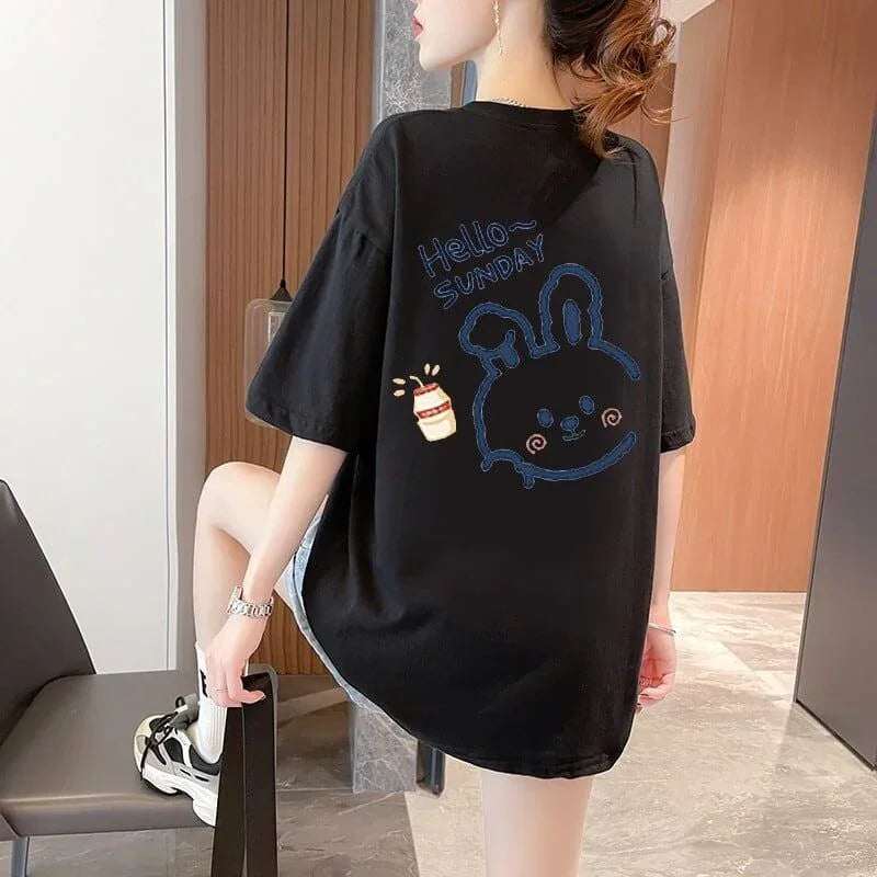 韓国系 アルファベット 可愛いウサギちゃん プリントTシャツ ゆったり半袖＜U-2969＞