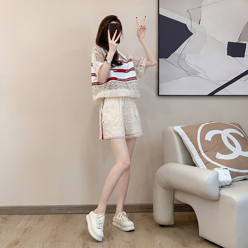 新商品 上品 着心地良い カジュアル 透かし彫り 半袖 Tシャツ ショートパンツ セットアップ ＜U-8785＞