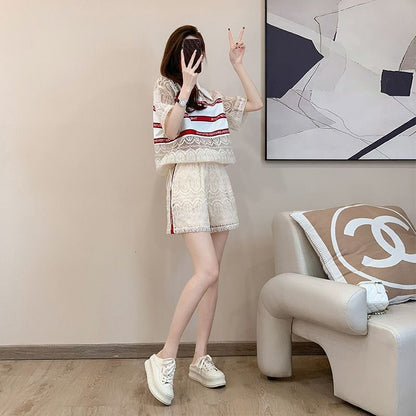 新商品 上品 着心地良い カジュアル 透かし彫り 半袖 Tシャツ ショートパンツ セットアップ ＜U-8785＞