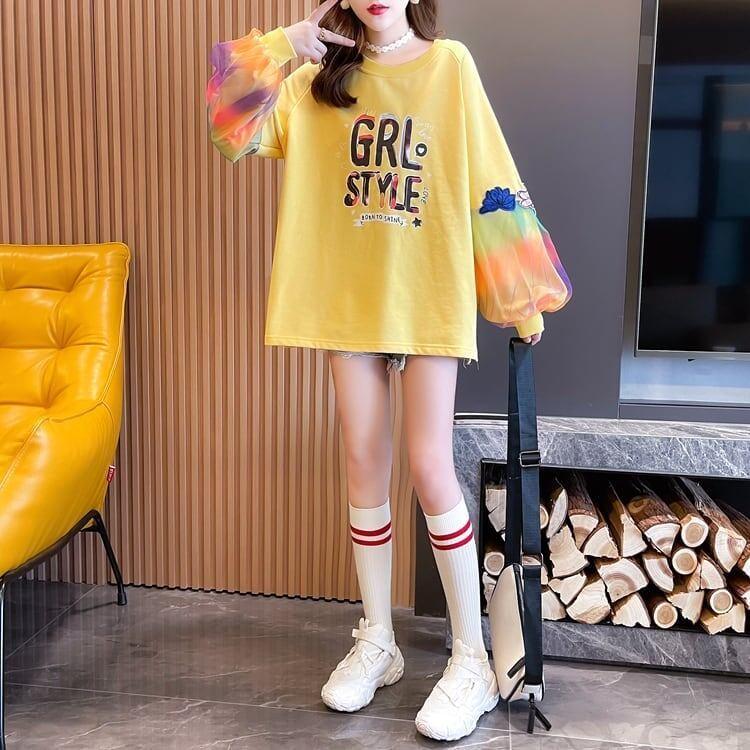 秋の新作 パフスリーブ アルファベットプリント 長袖ラグランTシャツトップス<U-4032>