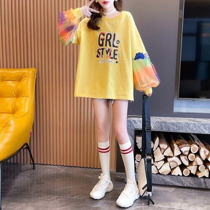 秋の新作 パフスリーブ アルファベットプリント 長袖ラグランTシャツトップス<U-4032>