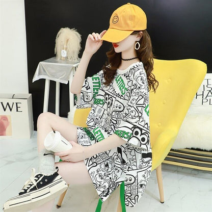 超人気 アバンギャルド 個性派 ラウンドネック プリント全2色 半袖Tシャツ<U-8720>