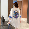 韓国系 ドロップショルダープリント ラウンドネック ロング Tシャツ 三色 ゆったり半袖＜U-3011＞