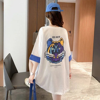 韓国系 ドロップショルダープリント ラウンドネック ロング Tシャツ 三色 ゆったり半袖＜U-3011＞