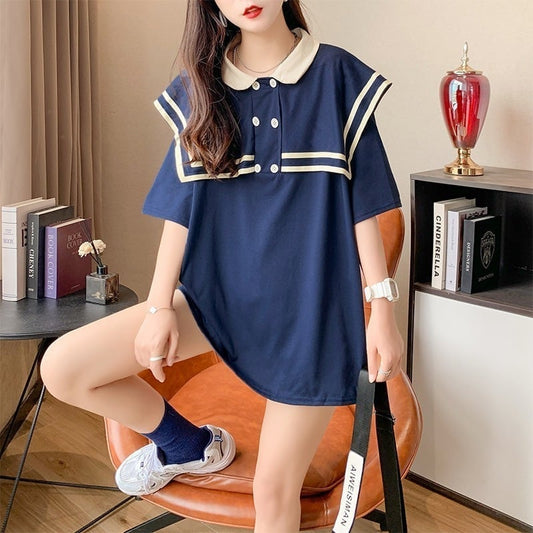絶対欲しい ロング セーラーカラー Tシャツ 三色 ゆったりワンピース＜U-4028＞