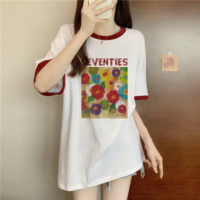 着?せ 配色 プリント ロング Tシャツ 四色 ゆったり半袖 ＜U-3019＞