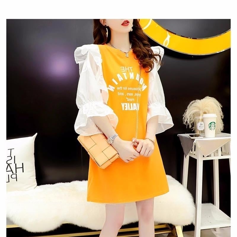 女子力アップ アルファベット パフスリーブ プリント ロングTシャツ ゆったりワンピース ＜U-3054＞