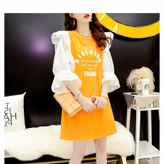 女子力アップ アルファベット パフスリーブ プリント ロングTシャツ ゆったりワンピース ＜U-3054＞