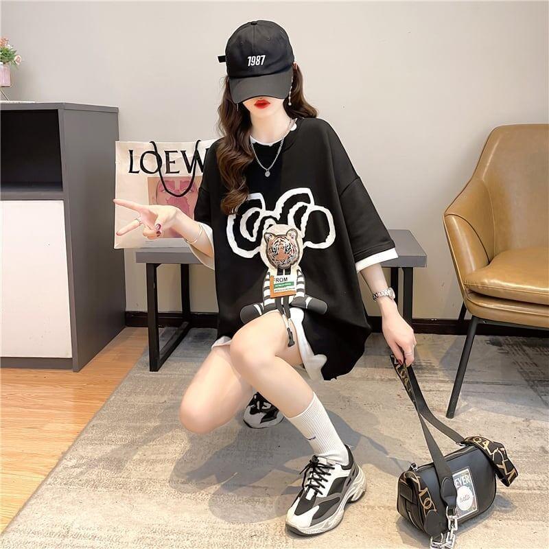 気質ルーズ漫画プリントミッドレングス半袖Tシャツ<U-3026>