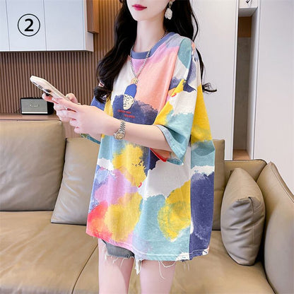 売り切れ必至 絞り染め ファッション プリント 2色選択 半袖Tシャツ＜U-8573＞