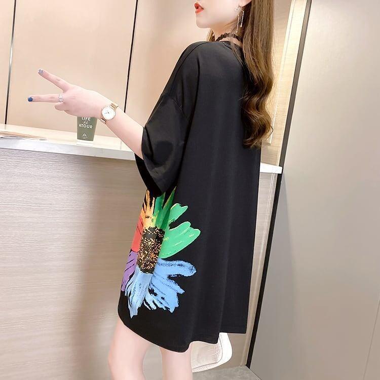 おすすめ アルファベット 花柄 Tシャツ 三色 ゆったり ロング 半袖 ＜U-2946＞