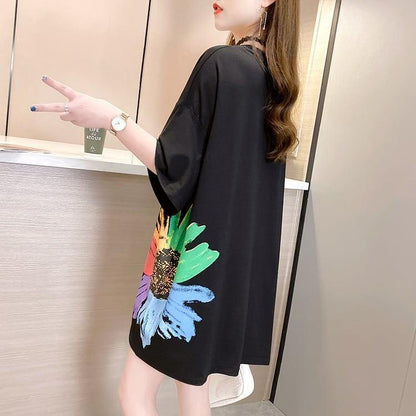 おすすめ アルファベット 花柄 Tシャツ 三色 ゆったり ロング 半袖 ＜U-2946＞