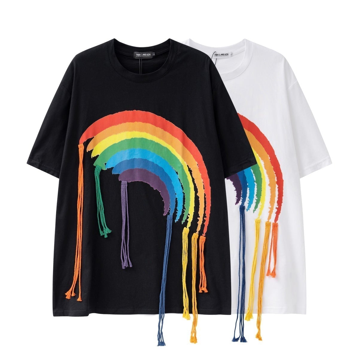 好感度UP 虹ロゴ タッセル ゆったり Tシャツ 全2色 ユニセックス半袖<U-4863>