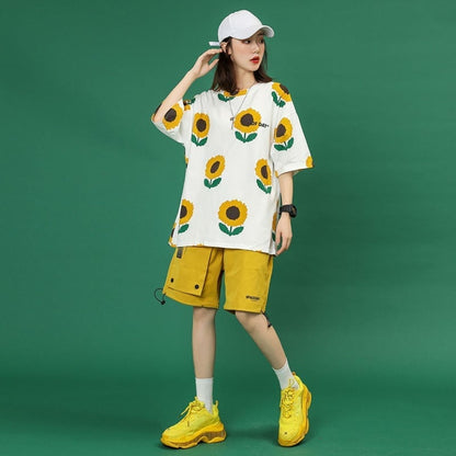 新商品 カジュアル 簡潔 花柄 半袖Ｔシャツⅹパンツセット<U-8071>