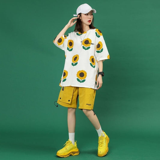 新商品 カジュアル 簡潔 花柄 半袖Ｔシャツⅹパンツセット<U-8071>