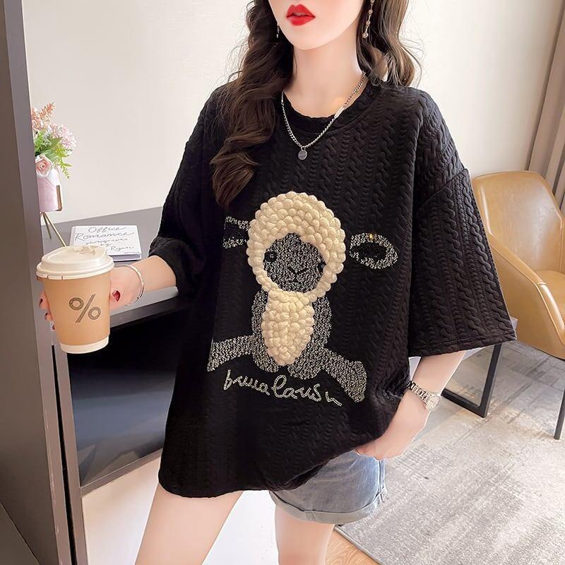 高級立体ハンドビーズコットン半袖Tシャツ<U-2998>