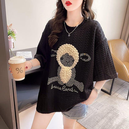 高級立体ハンドビーズコットン半袖Tシャツ<U-2998>