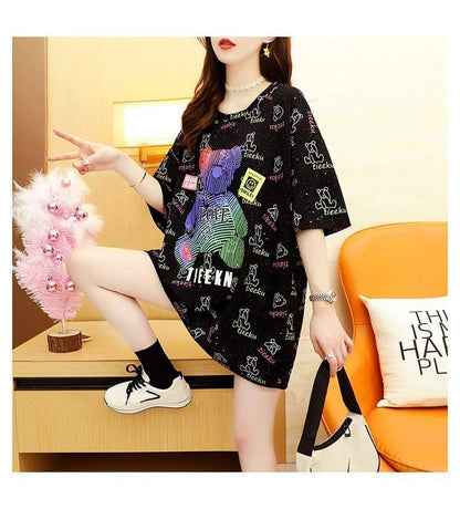 大活躍 プリント 熊柄 Tシャツ ラウンドネック ゆったり半袖＜U-3004＞