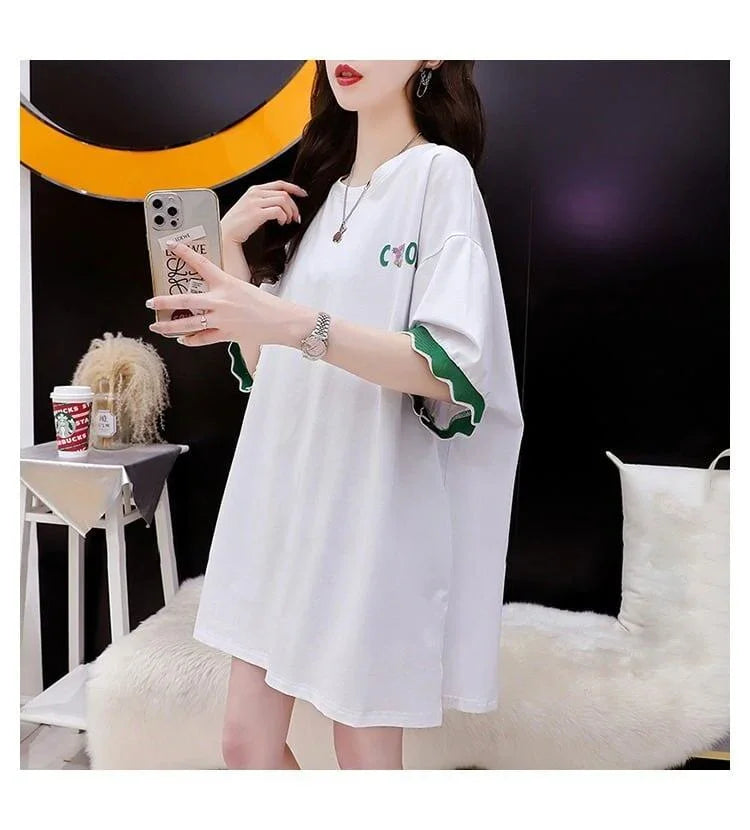 アルファベット プリント ドロップショルダー ロングTシャツ ゆったり＜U-2888＞