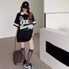 韓国系 オーバーサイズ POLOネック グラフィック ロング Tシャツ 三色 ゆったりワンピース＜U-4025＞