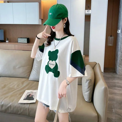 カジュアルルーズワッペン刺繍ステッチカラーブロック半袖Tシャツ<U-2870>
