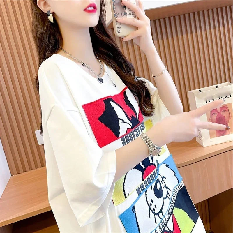 清純甘くて女子力UP ラウンドネック 一目惚れ カートゥーンプリント Tシャツ＜U-2817＞