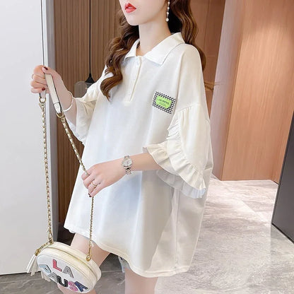 おすすめ POLOネック シンプル フリル ロング Tシャツ 三色 ゆったり半袖 ＜U-3055＞
