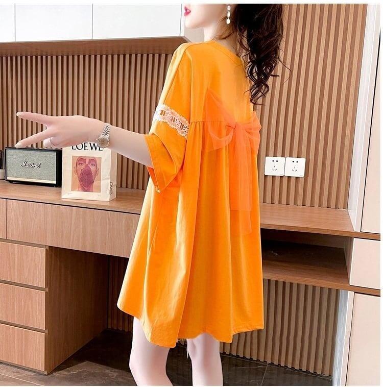 着心地良い レース切り替え リボン プリントTシャツ ゆったり半袖＜U-2889＞