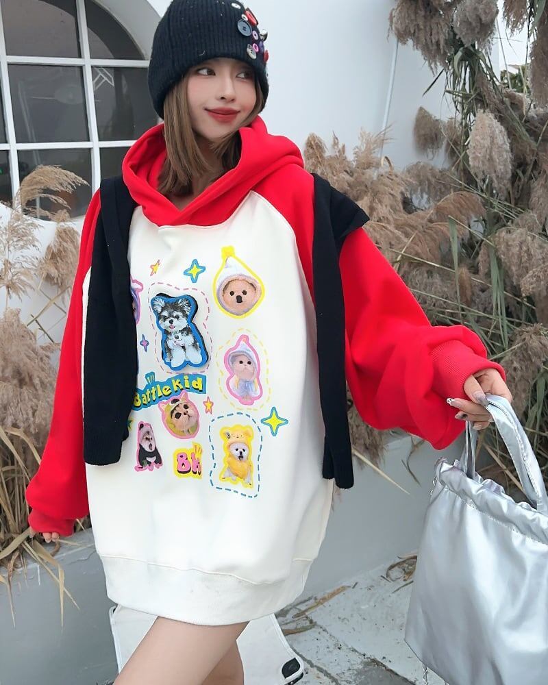 超人気商品猫柄犬柄ロゴ厚手ラグランパーカー全3色オーバーサイズトップス＜U-4473＞