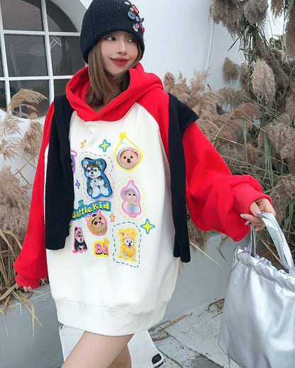 超人気商品猫柄犬柄ロゴ厚手ラグランパーカー全3色オーバーサイズトップス＜U-4473＞