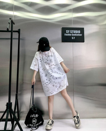売り切れ必至 ゆったり ファッション感満々 ロング丈 3色半袖Tシャツ＜U-9086＞
