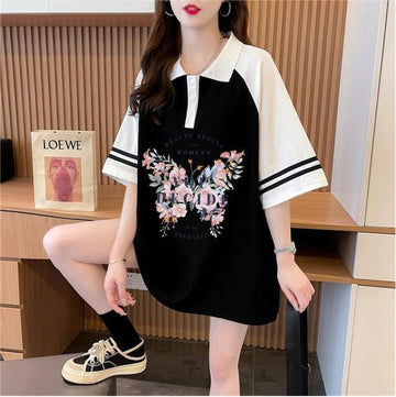 POLOネック プリント バタフライ ロング ラグランTシャツ ゆったりワンピース ＜U-3023＞