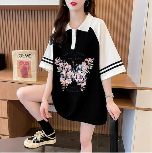 POLOネック プリント バタフライ ロング ラグランTシャツ ゆったりワンピース ＜U-3023＞
