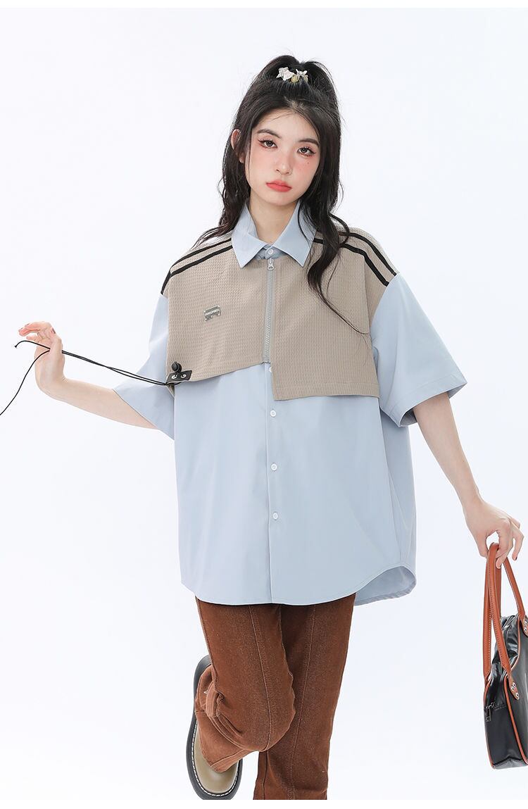 期間限定 ファッション 個性派 レイヤード風 切り替え プリント全3色 男女兼用 半袖Tシャツ<U-9044>